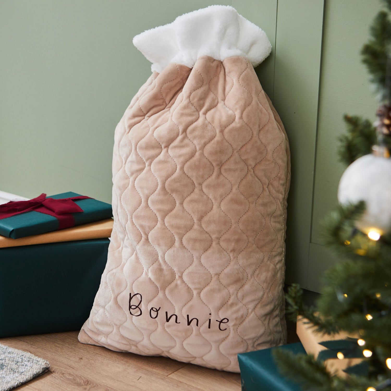 Personalised Oatmeal Velvet Name Gift Sack