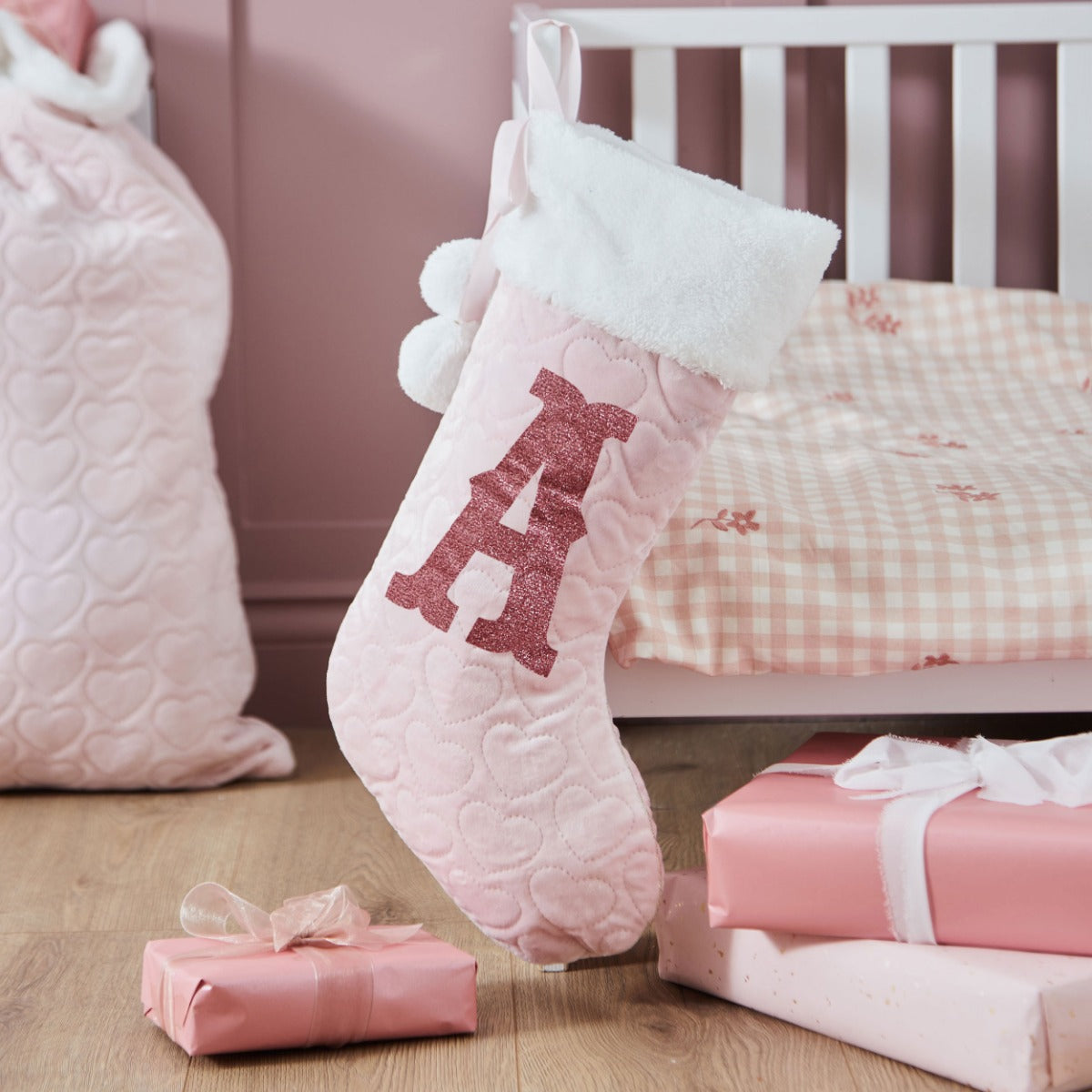 Personalised Small Pink Velvet Initial Gift Stocking