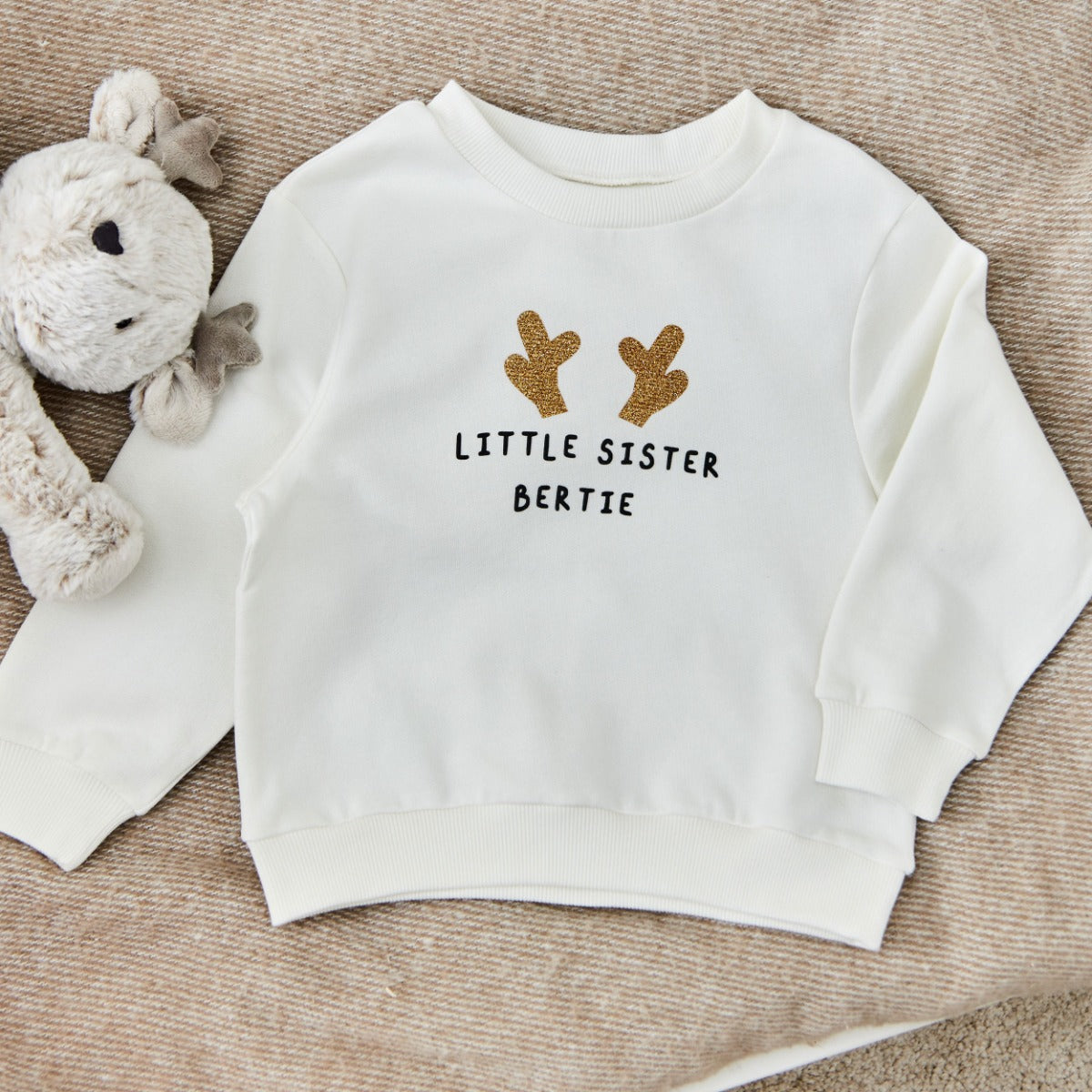 Personalised Little Sibling Antler Ecru Sweatshirt