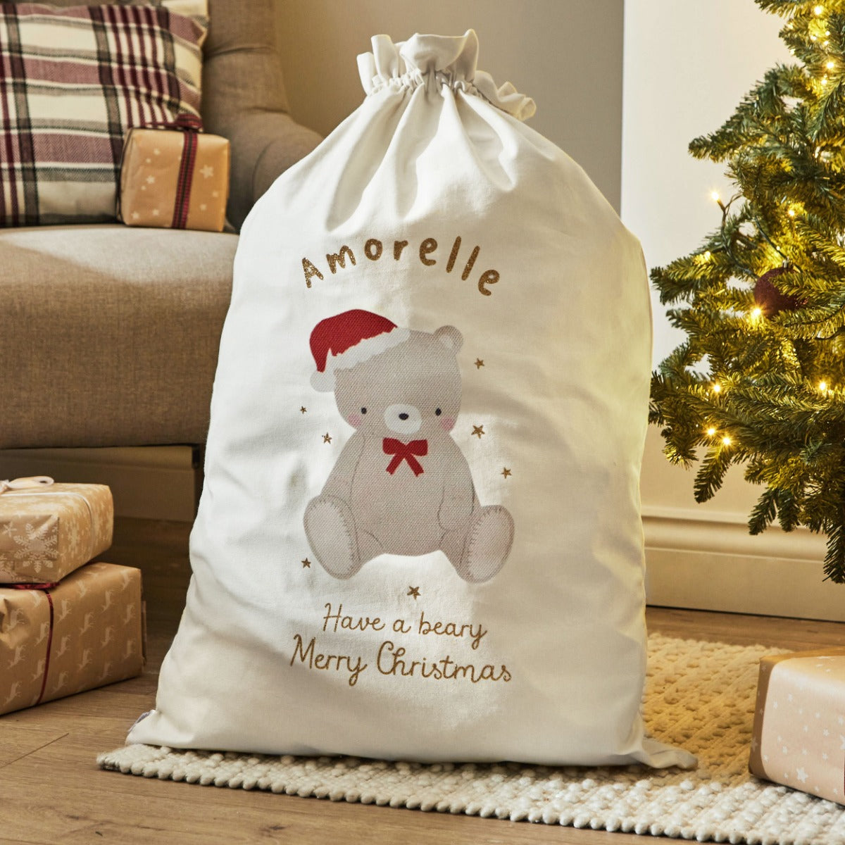 Personalised Biscuit Bear Christmas Cream Gift Sack