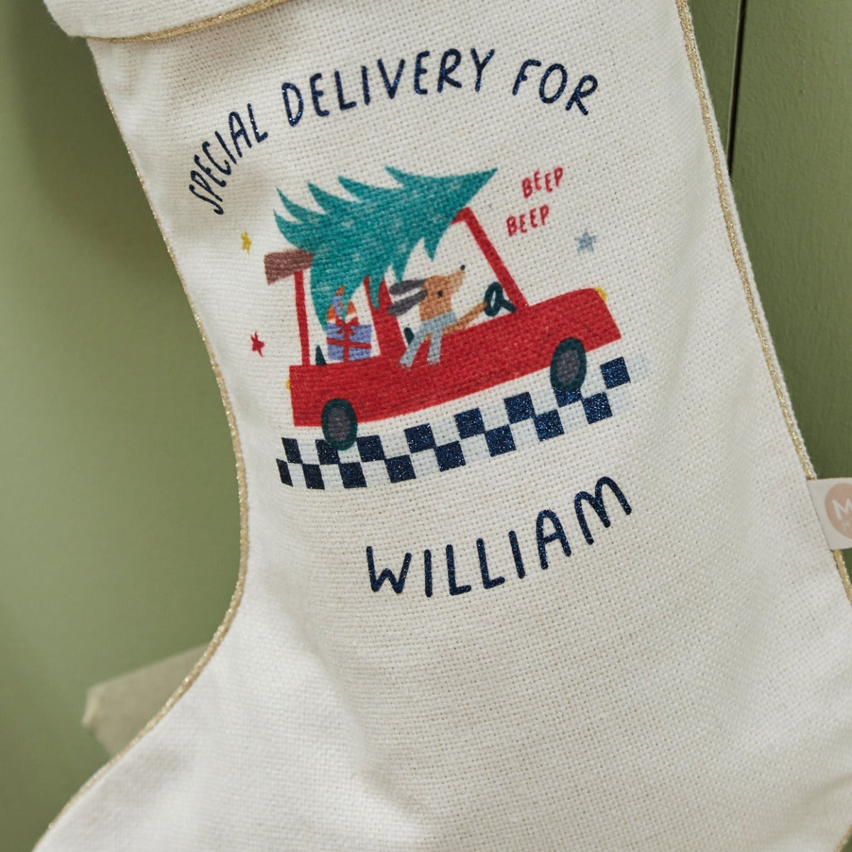 Personalised Blue Checkered Tree Small Gift Stocking
