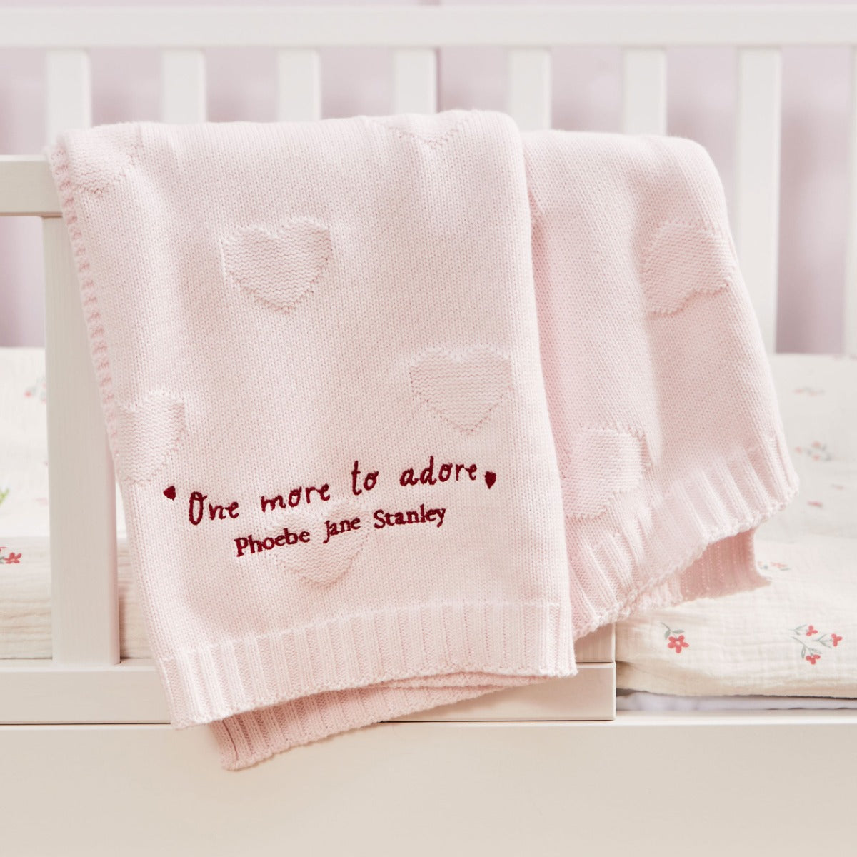 Personalised Born To Be Adored Valentine's Heart Jacquard Baby Blanket in Light Pink 
