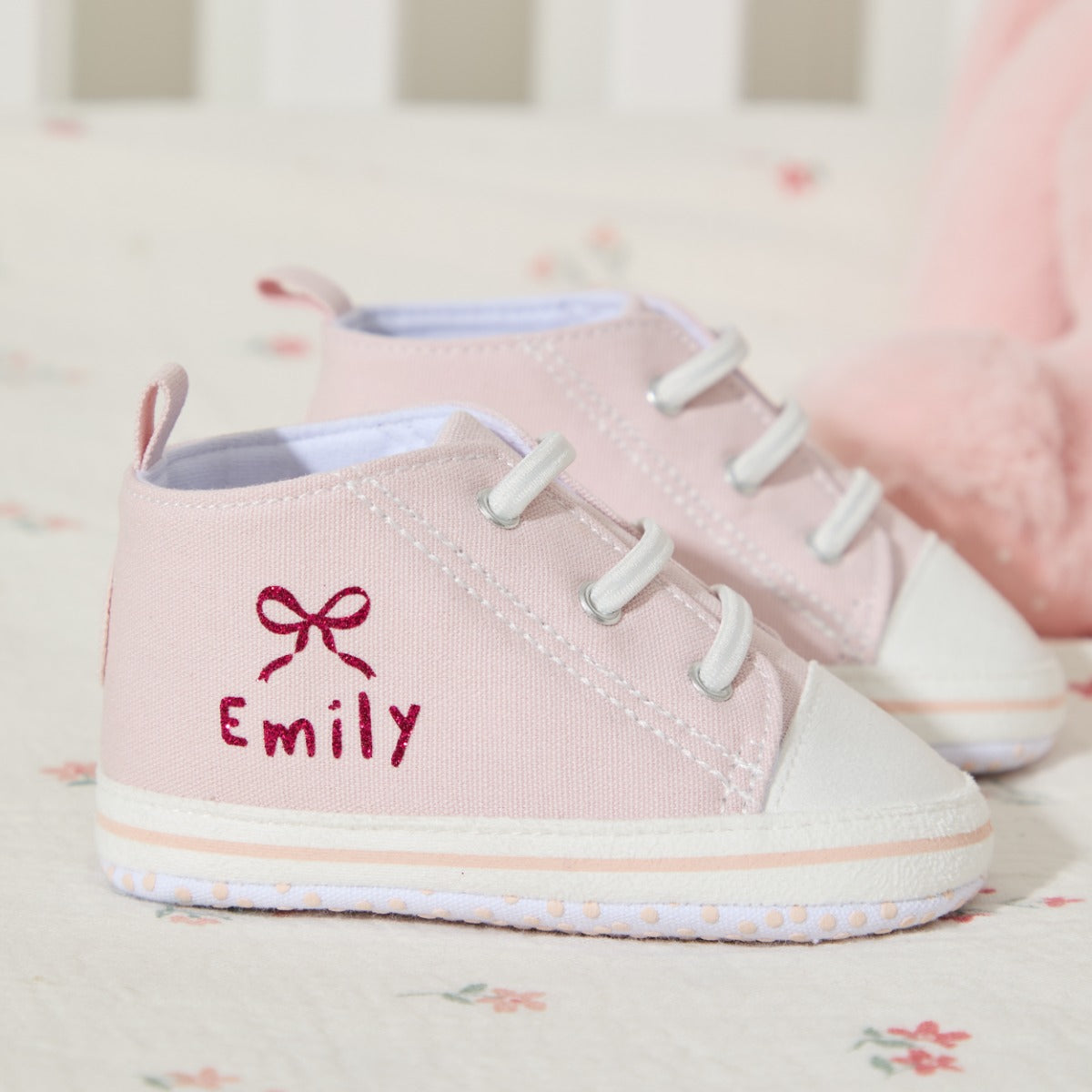 Personalised Pink Glitter Bow Baby High Top Shoes 