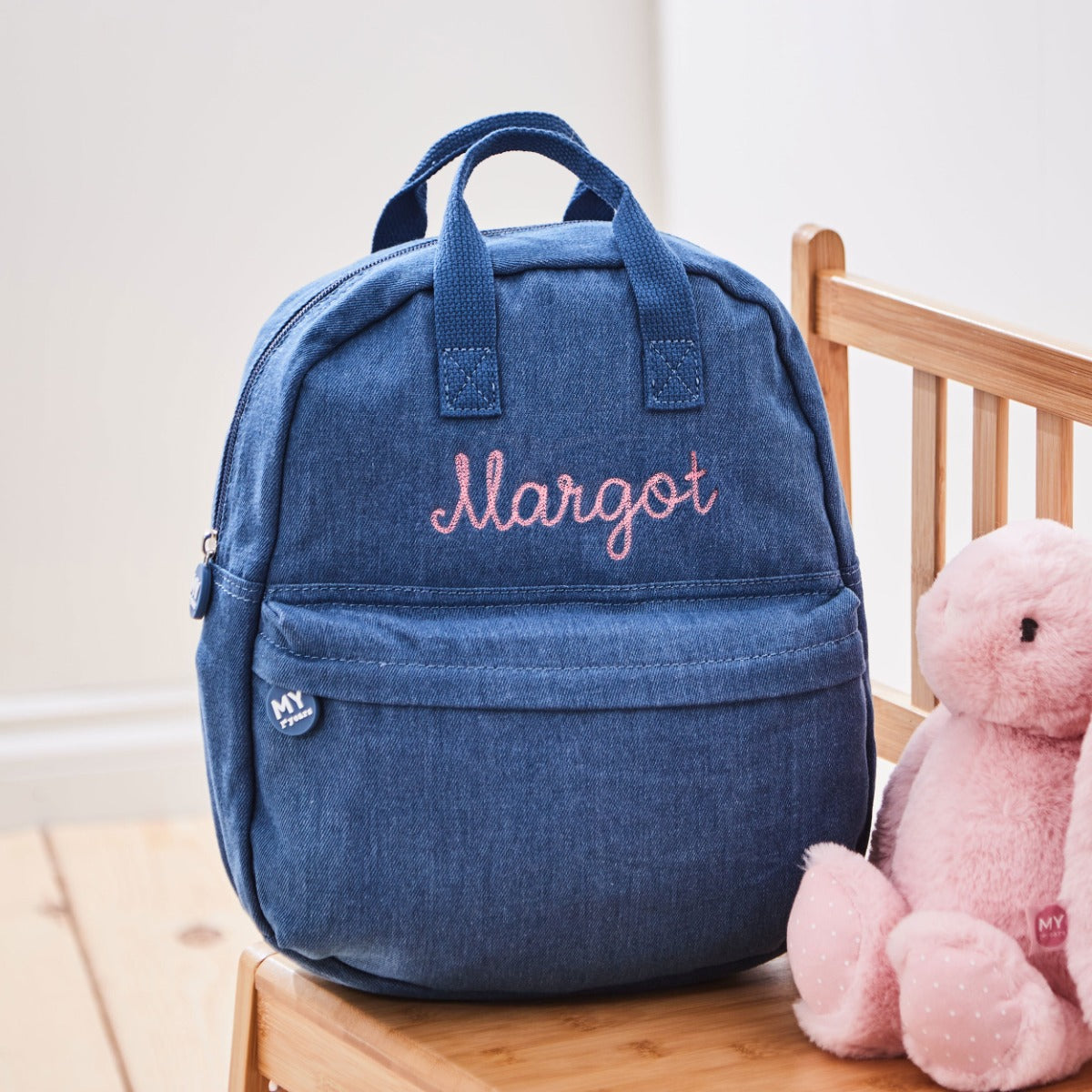 Personalised Pink Chain Stitch Denim Backpack 