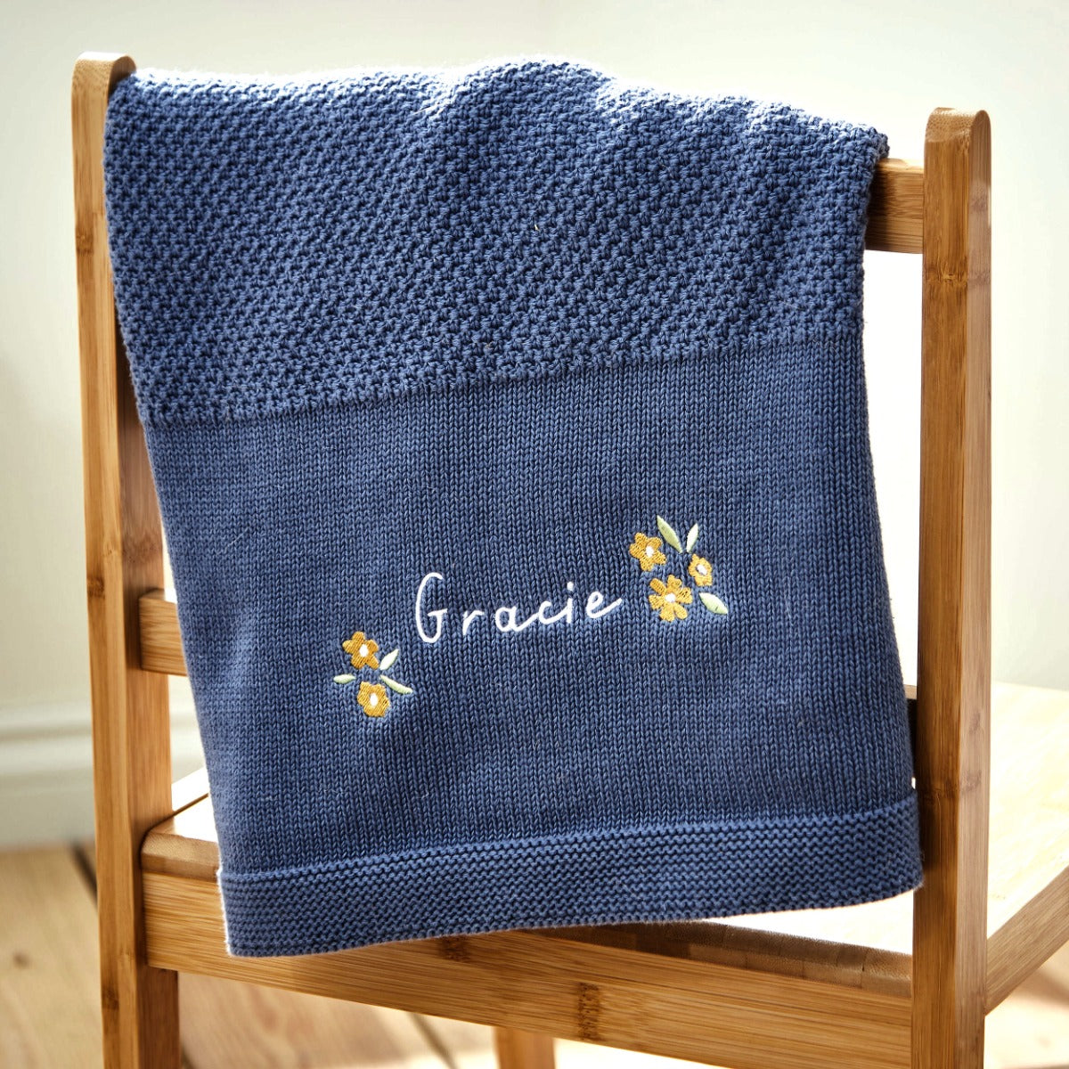 Personalised Yellow Flower Mid Blue Shawl 