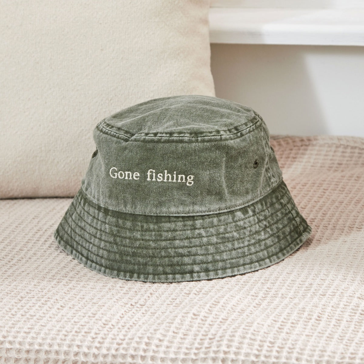 Personalised Vintage Bucket Hat in Olive Green