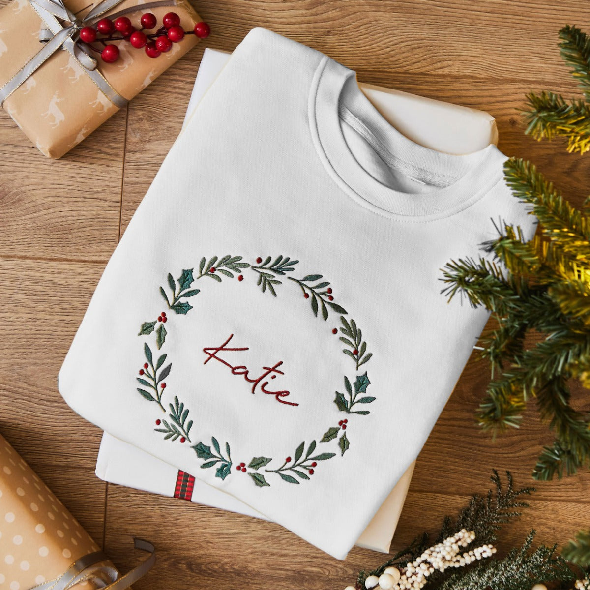 Personalised Adults' White Traditional Wreath Christmas Jumper