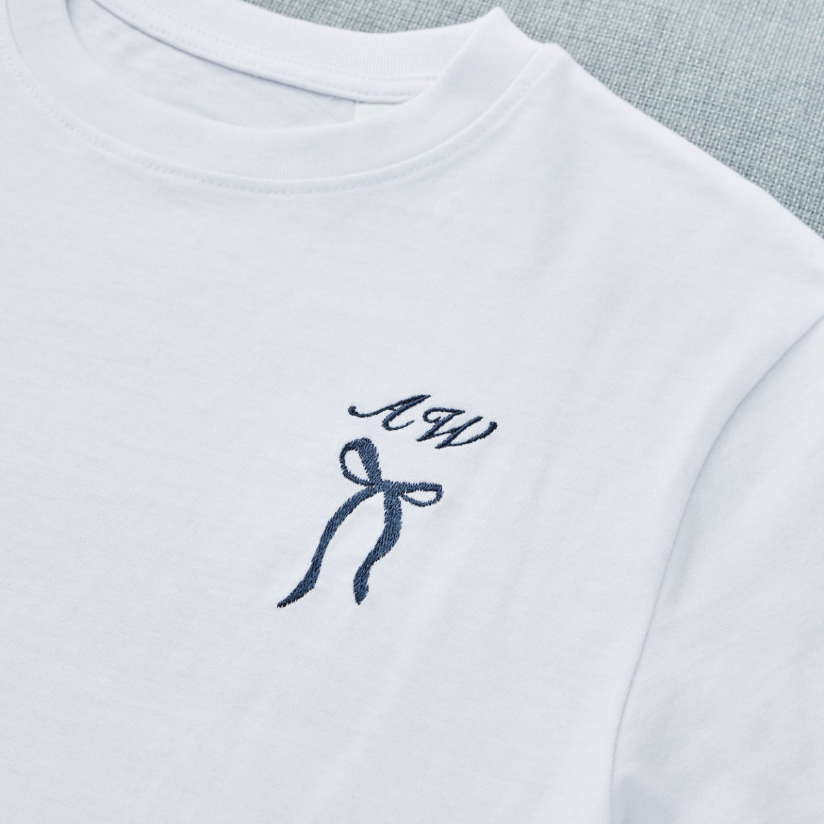 Personalised Something Blue Bow Embroidered White T-Shirt