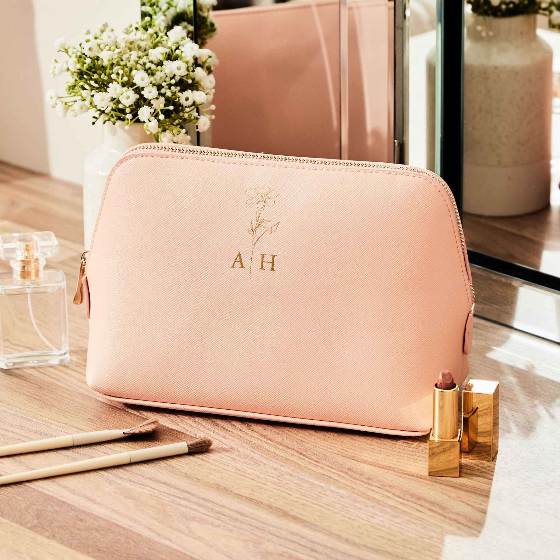 Personalised Birth Flower Large Pink Make-Up Bag by Made Yours