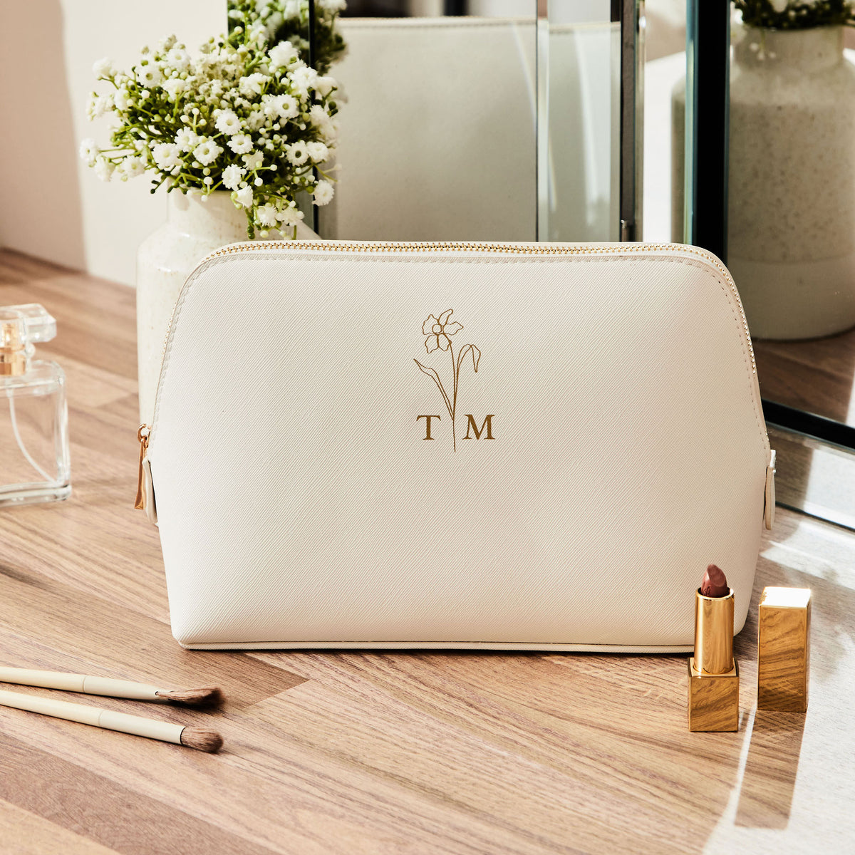 Personalised Birth Flower Large White Make-Up Bag by Made Yours