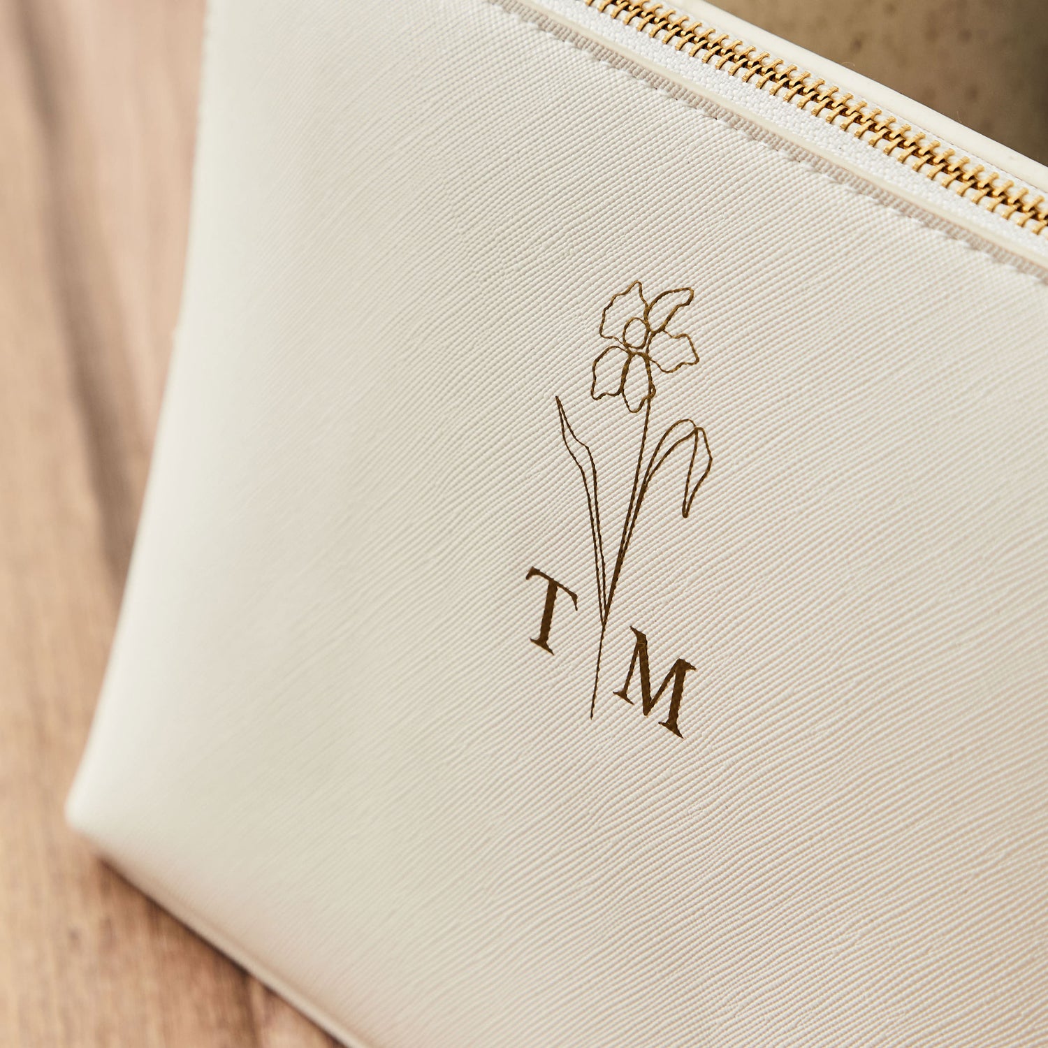 Personalised Birth Flower Large White Make-Up Bag by Made Yours