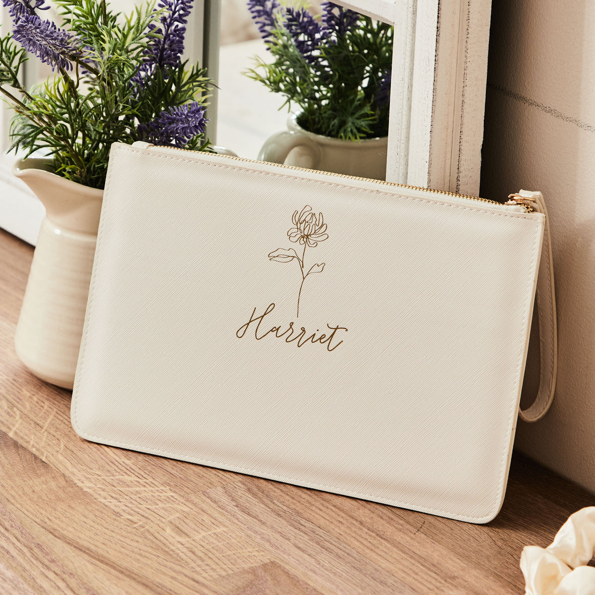 Personalised White Birth Flower Name Pouch