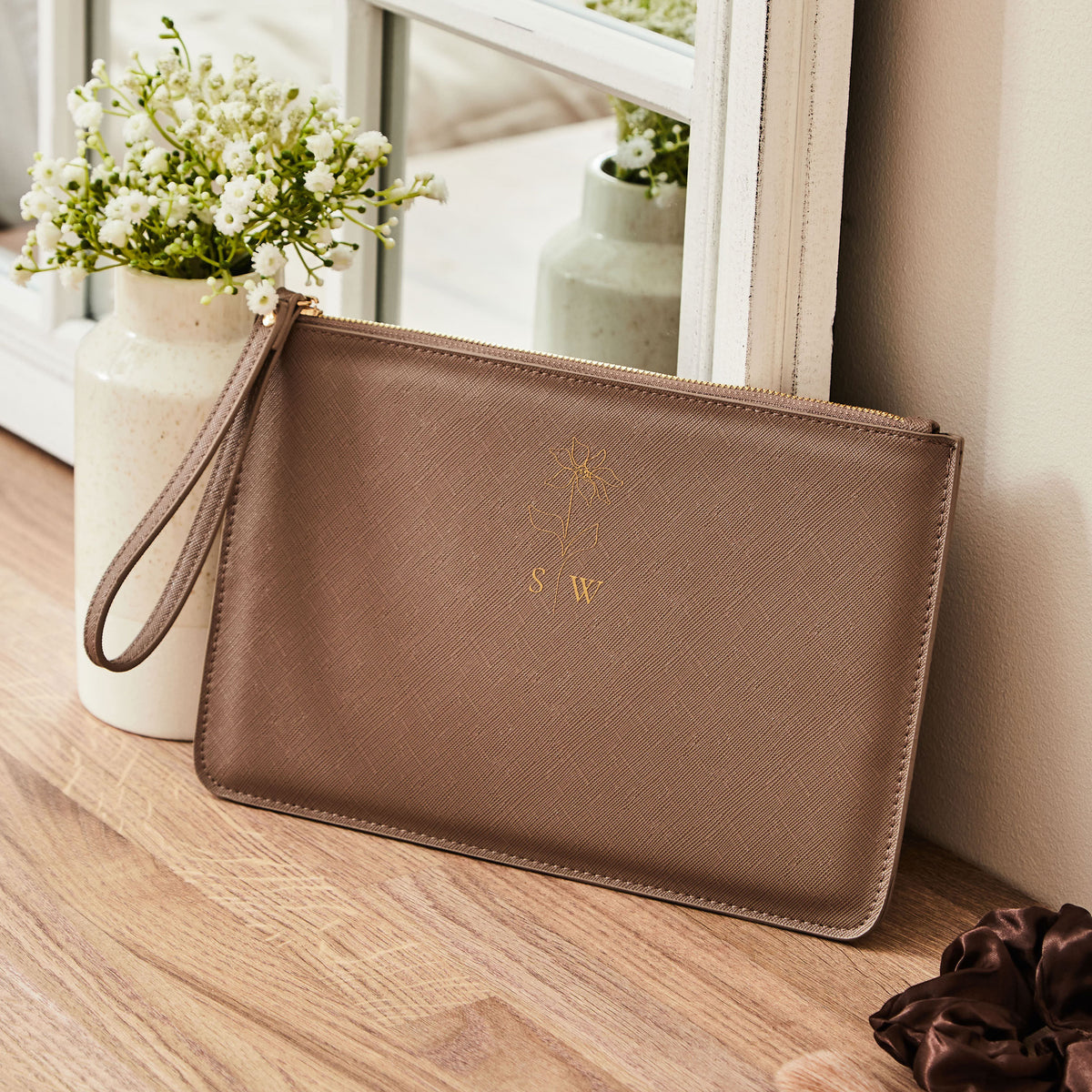 Personalised Taupe Birth Flower Monogrammed Pouch
