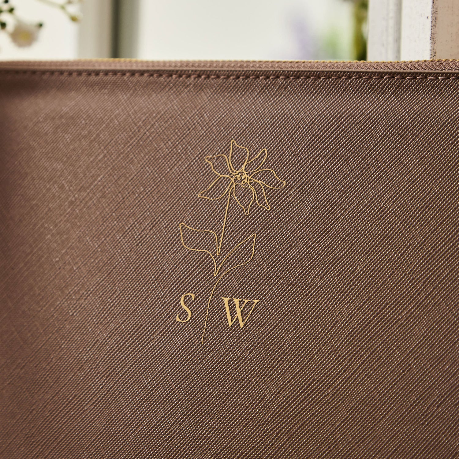 Personalised Taupe Birth Flower Monogrammed Pouch