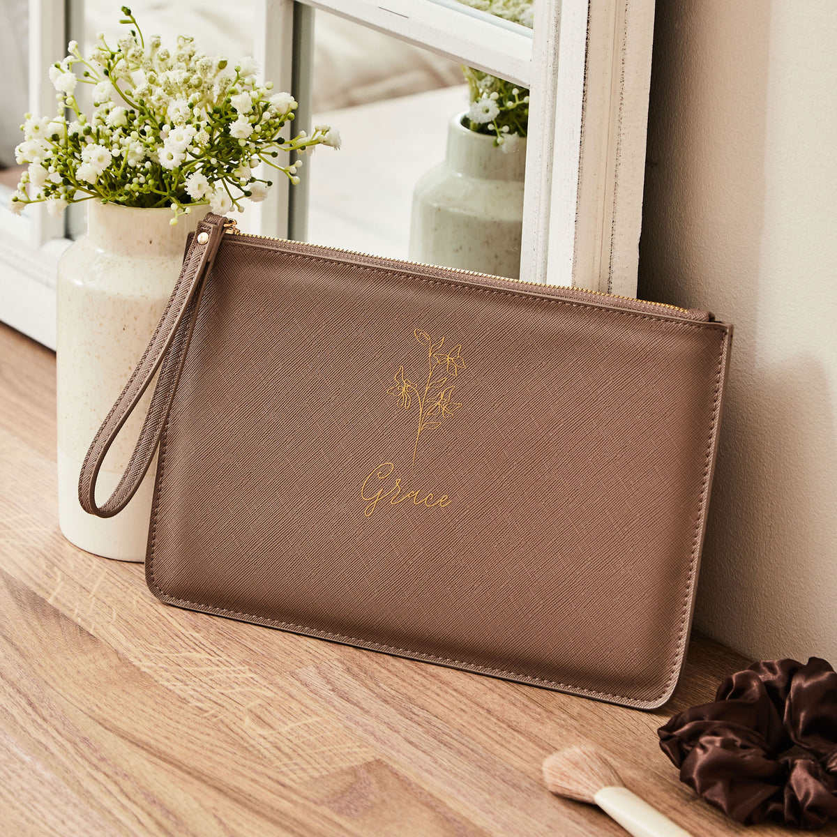 Personalised Taupe Birth Flower Name Pouch