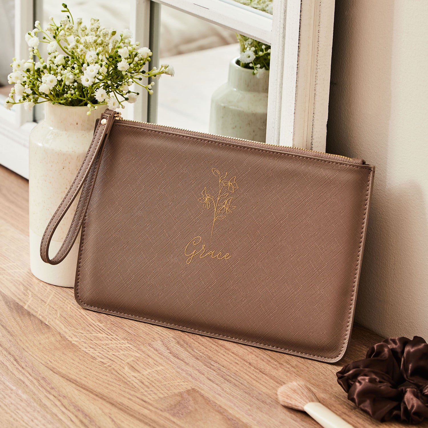 Personalised Taupe Birth Flower Name Pouch