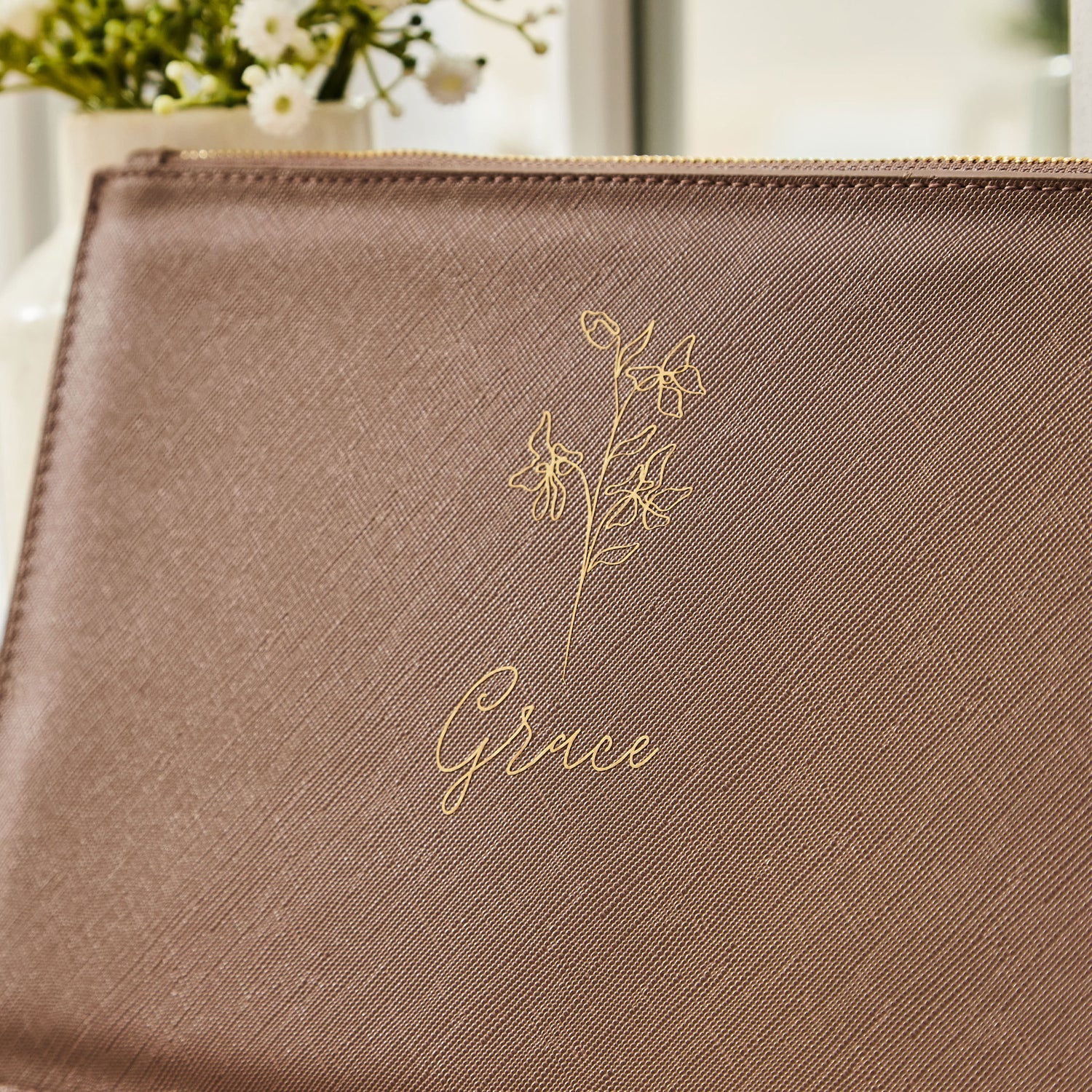 Personalised Taupe Birth Flower Name Pouch