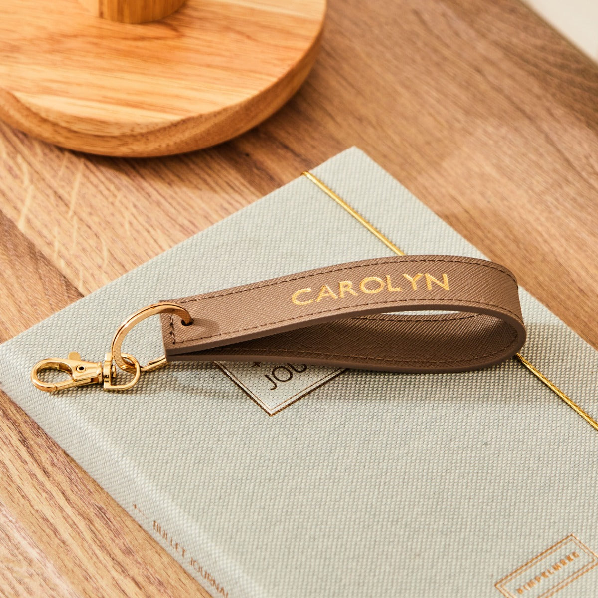 Personalised Embossed Taupe Keyring
