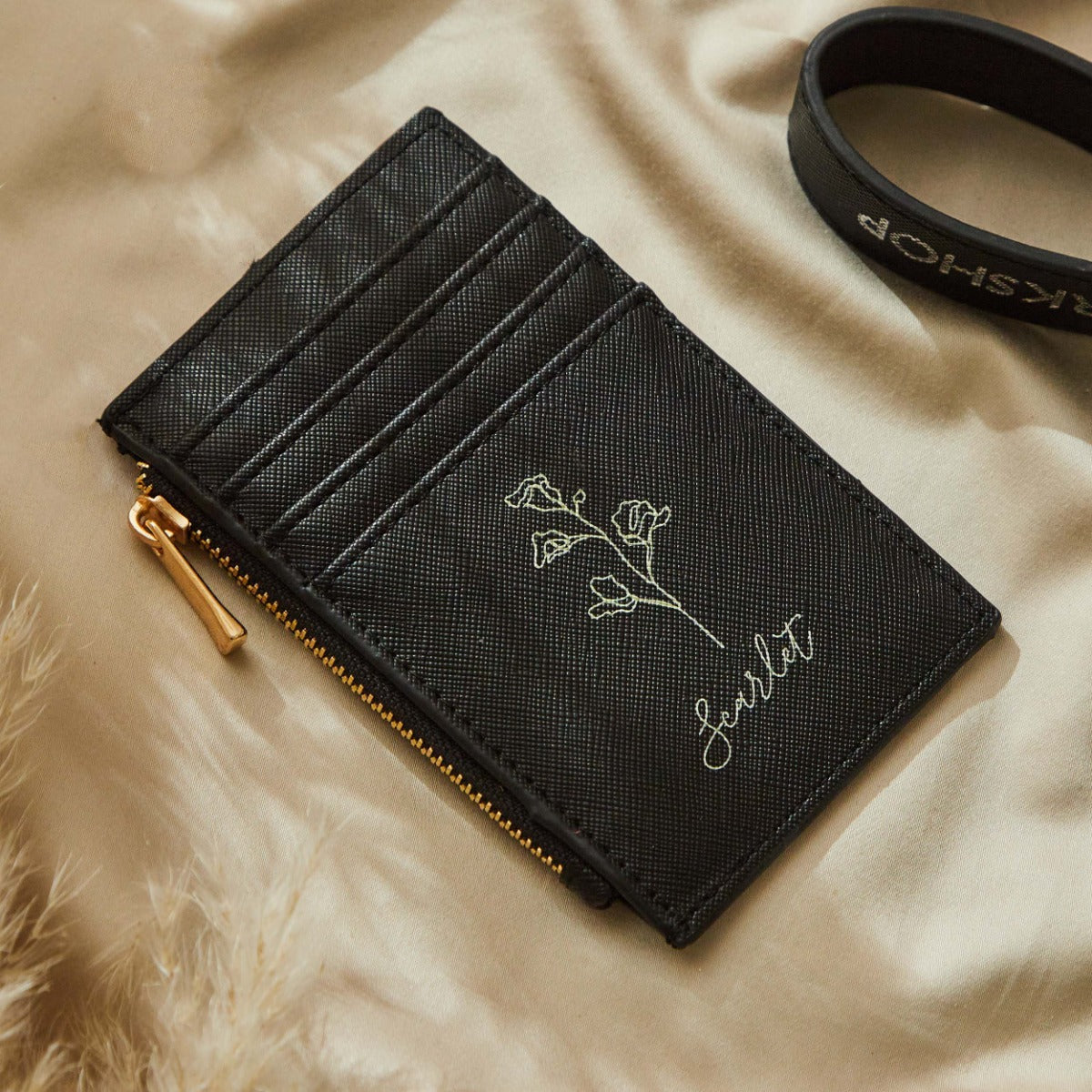 Personalised Black Birth Flower Name Card Holder