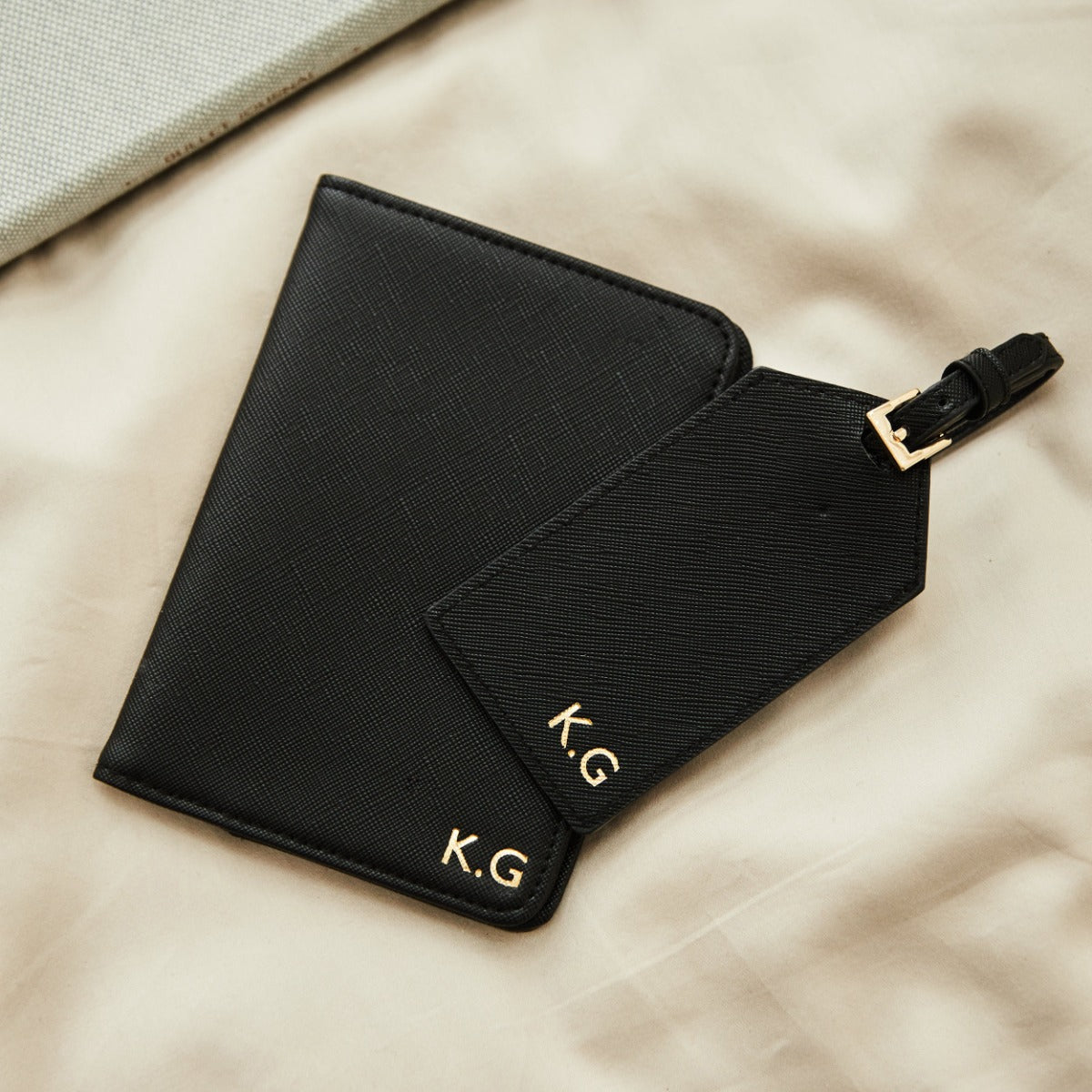 Personalised Embossed Passport Holder and Luggage Tag in Black by Made Yours
