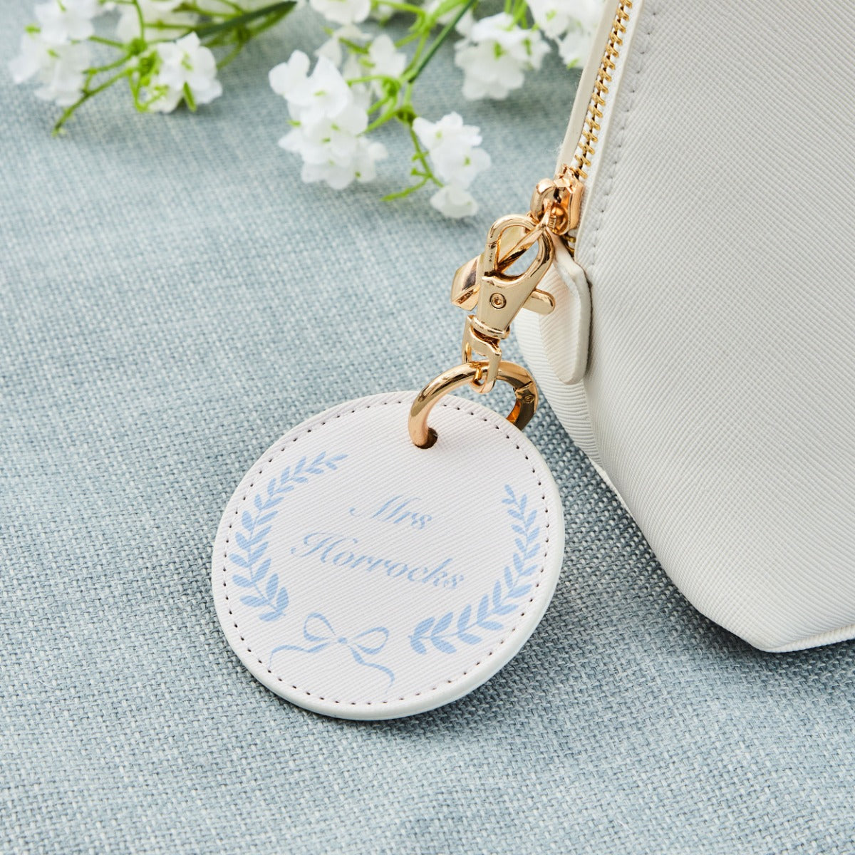 Personalised Something Blue White Round Keyring 