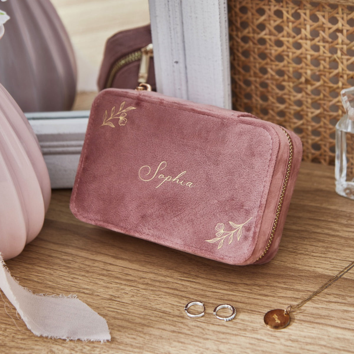 Personalised Velvet Jewellery Box in Dark Pink by Made Yours