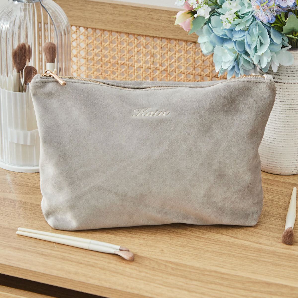 Personalised Large Velvet Make Up Bag in Taupe 