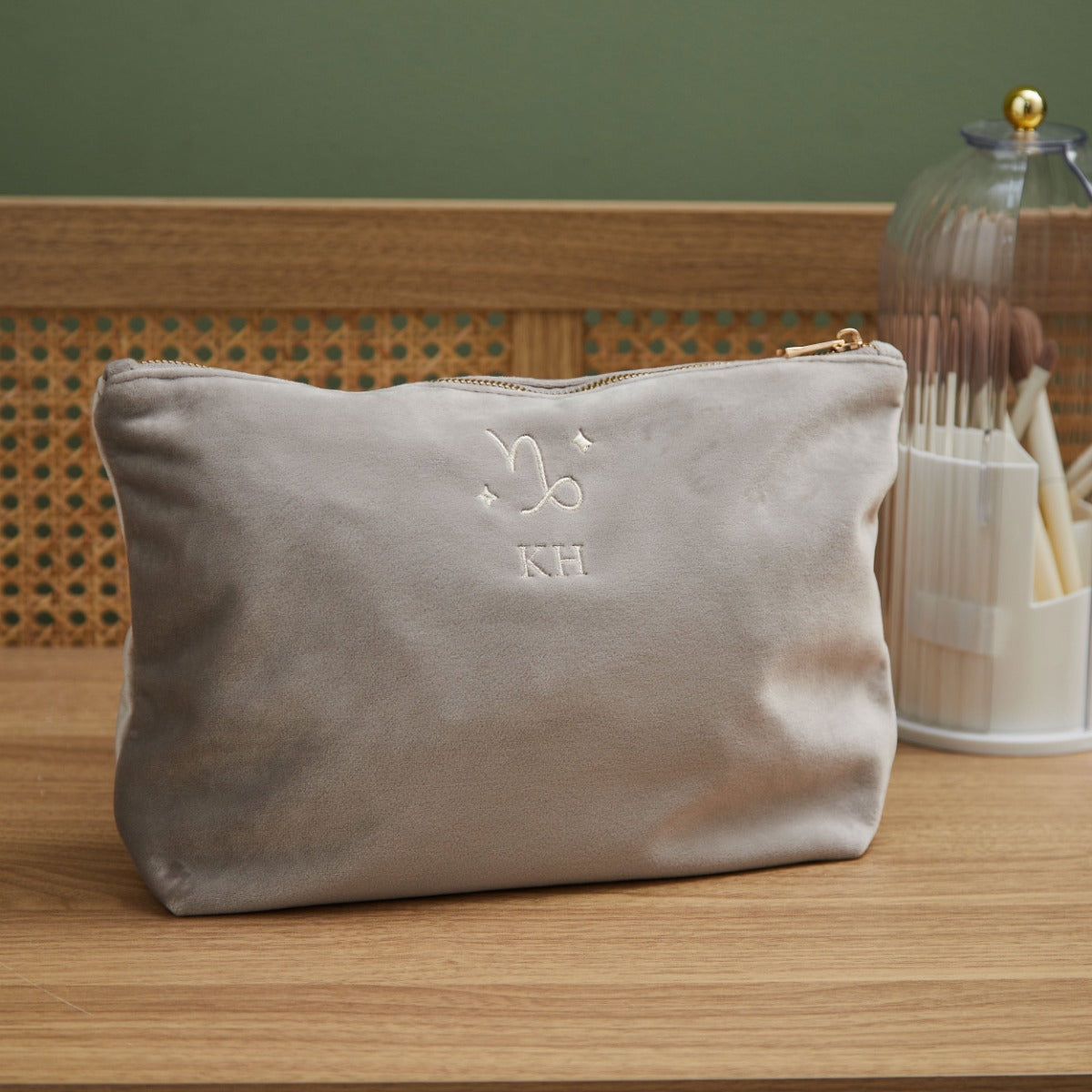 Personalised Zodiac Large Taupe Velvet Bag