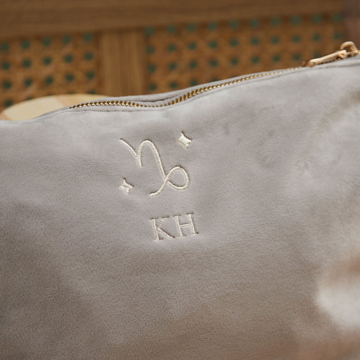 Personalised Zodiac Large Taupe Velvet Bag