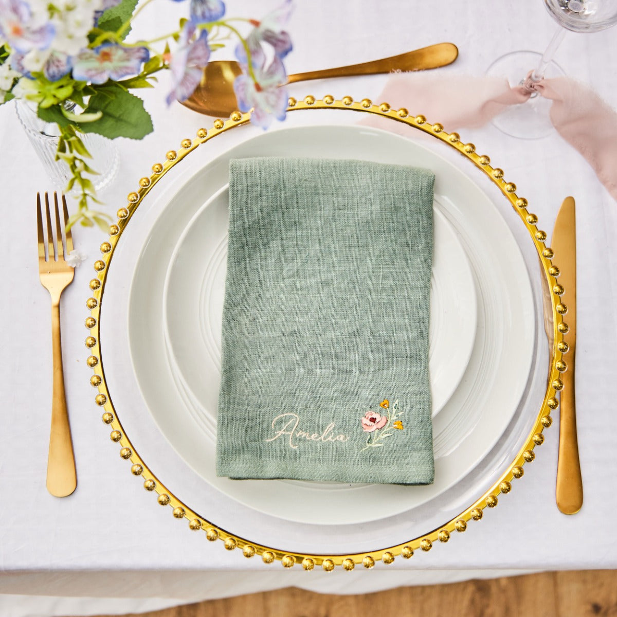 Personalised Wildflower Embroidered Rosemary Linen Napkin