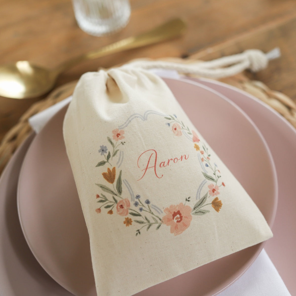 Personalised Wildflower Name Wedding Canvas Favour Gift Bag 