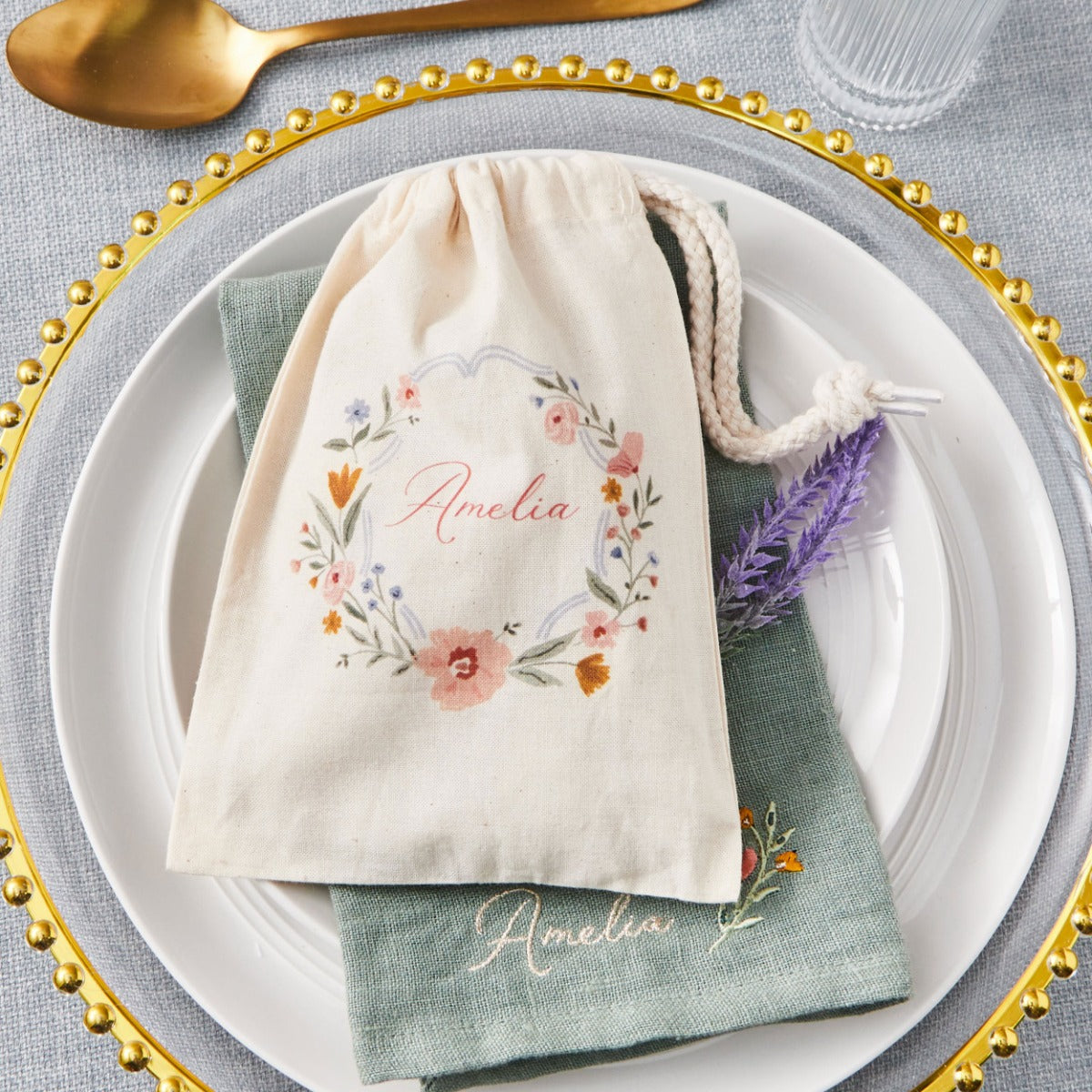 Personalised Wildflower Name Wedding Canvas Favour Gift Bag 