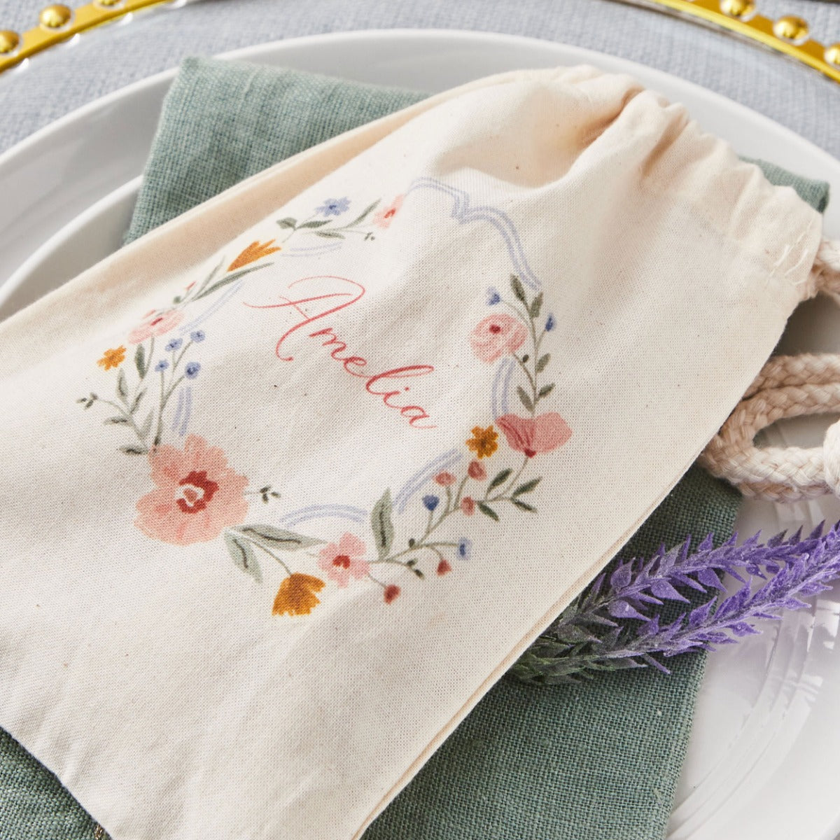 Personalised Wildflower Name Wedding Canvas Favour Gift Bag 