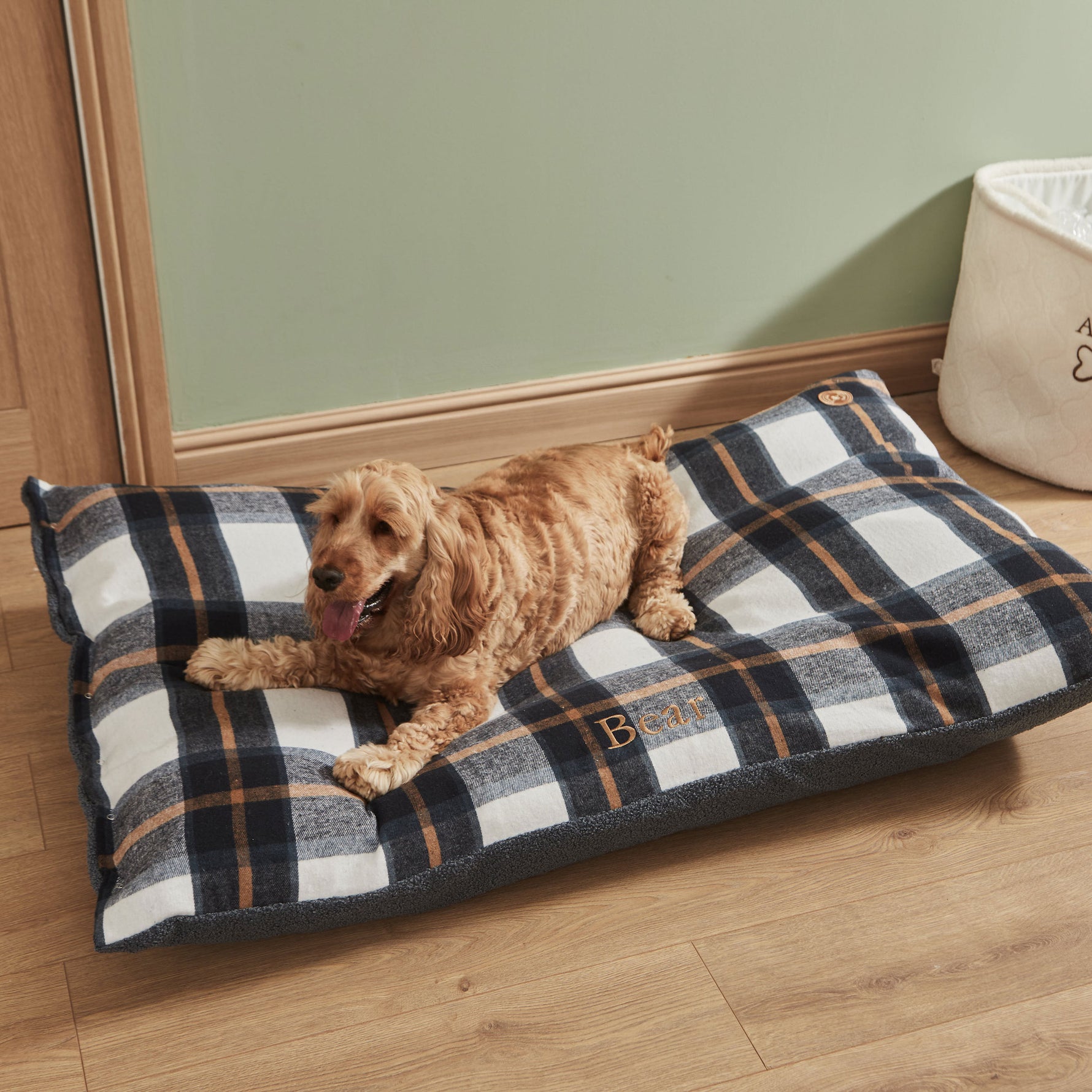 Personalised Deep Duvet Navy Check Large Dog Bed