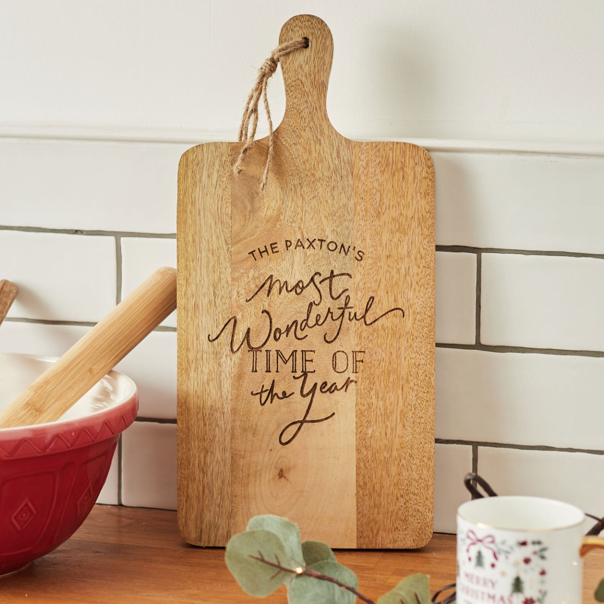 Personalised Engraved 'Wonderful Time' Christmas Wood Serving Board