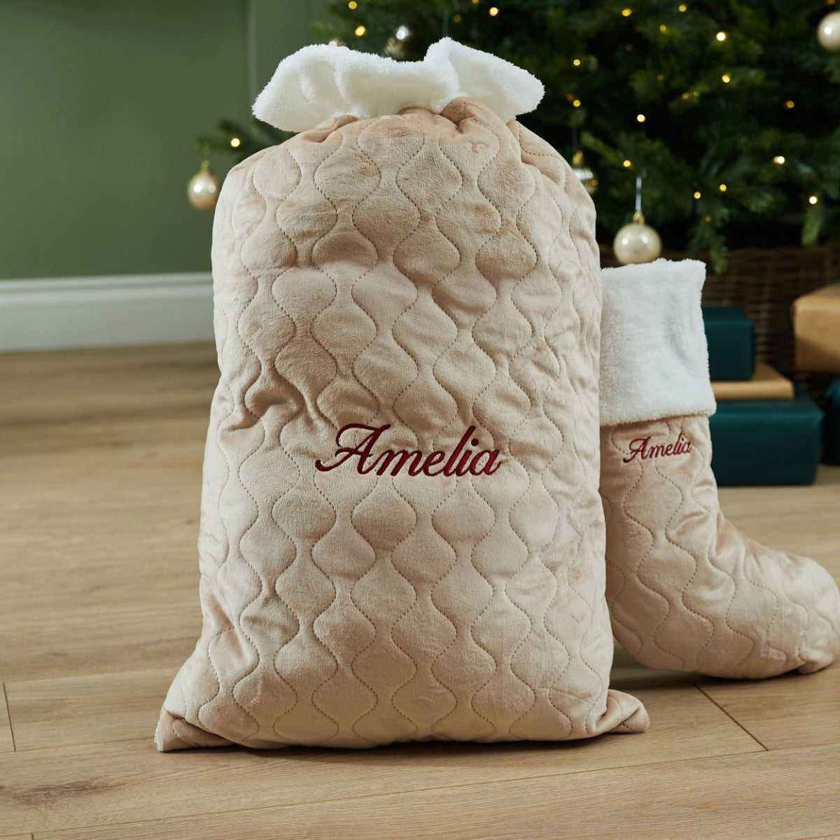 Personalised Oatmeal Embroidered Velvet Sack