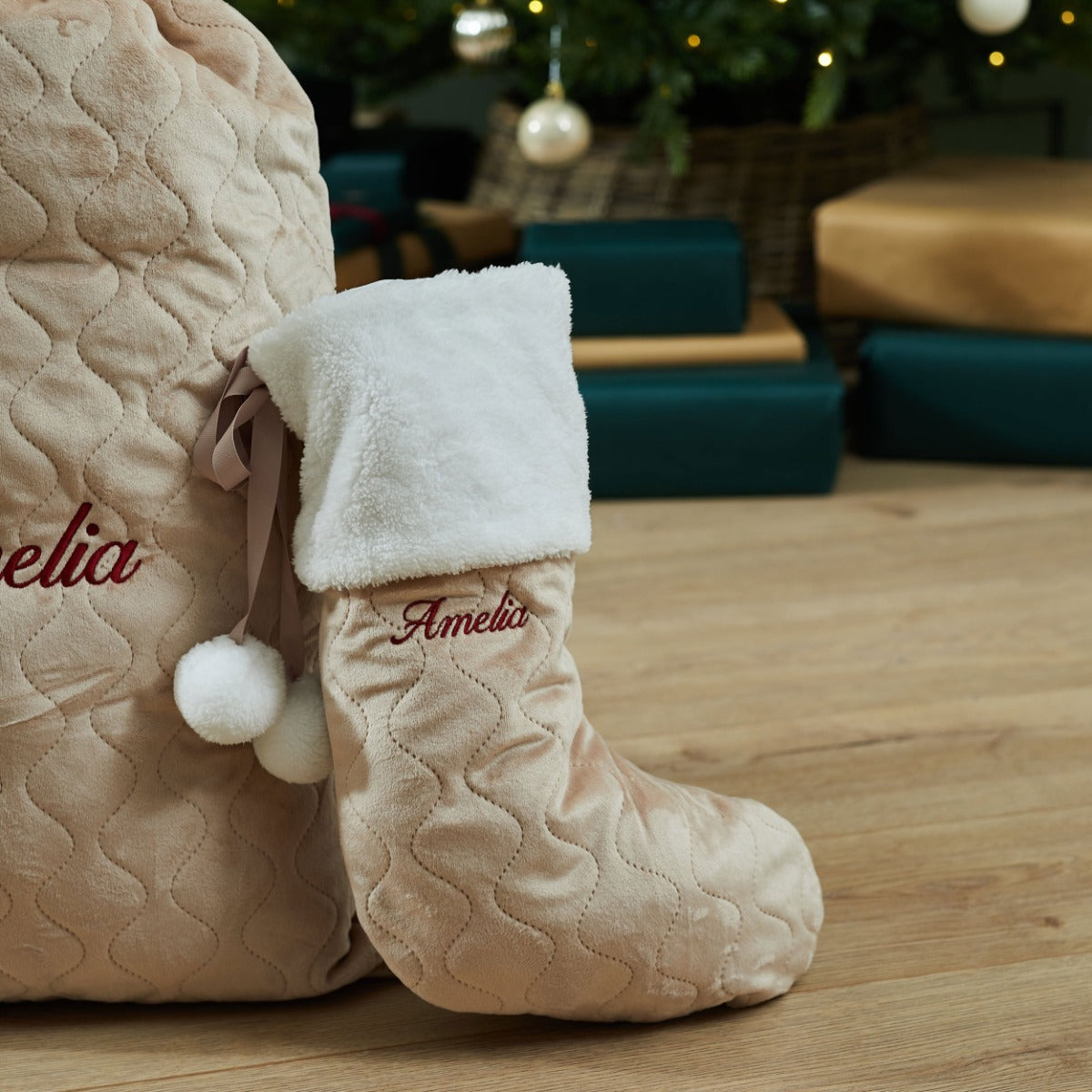 Personalised Oatmeal Embroidered Velvet Stocking