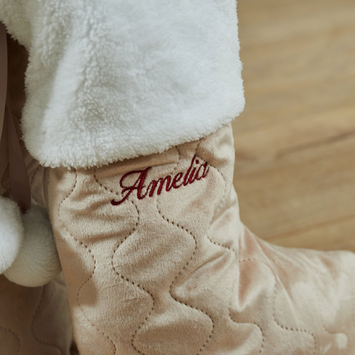 Personalised Oatmeal Embroidered Velvet Stocking