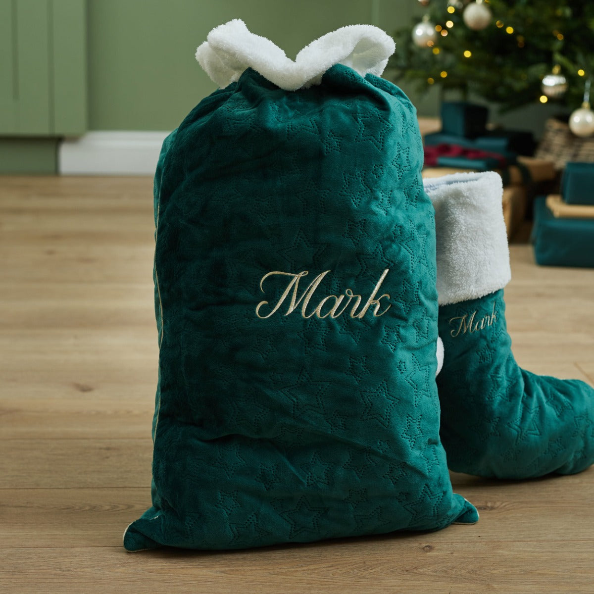 Personalised Green Embroidered Velvet Sack