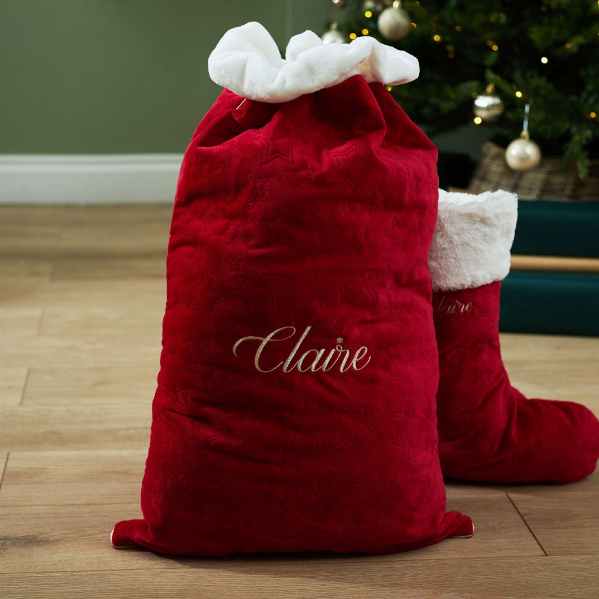 Personalised Embroidered Name Red Velvet Christmas Sack