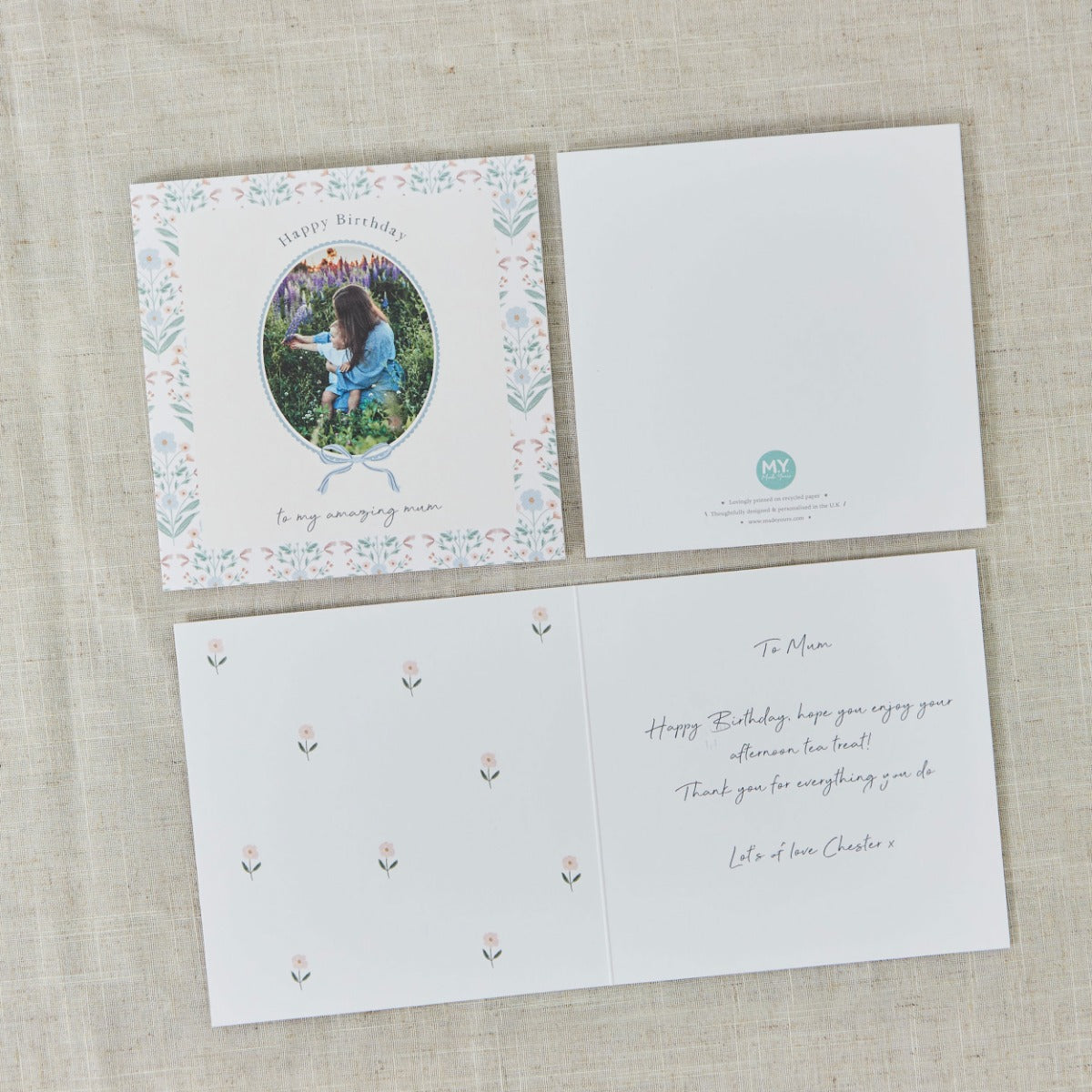 Personalised Floral Border & Bow Happy Birthday Photo Card