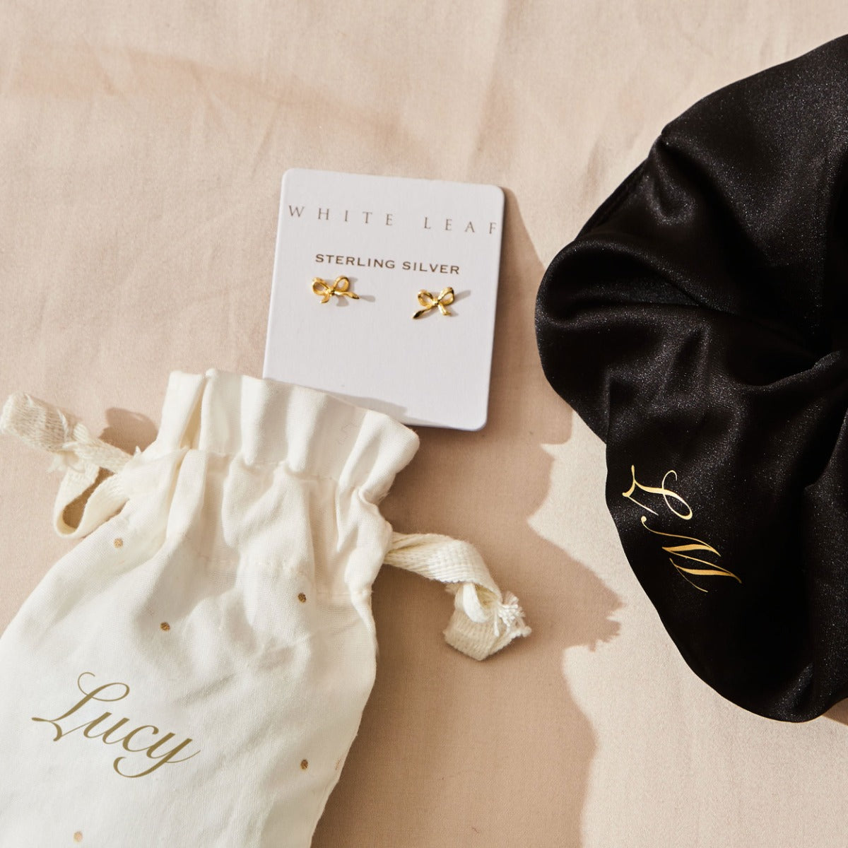 Personalised Black Satin Scrunchie and Bow earring gift set