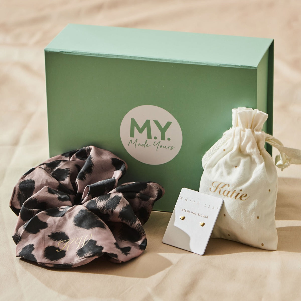 Personalised Leopard print Satin Scrunchie and Heart earring gift set