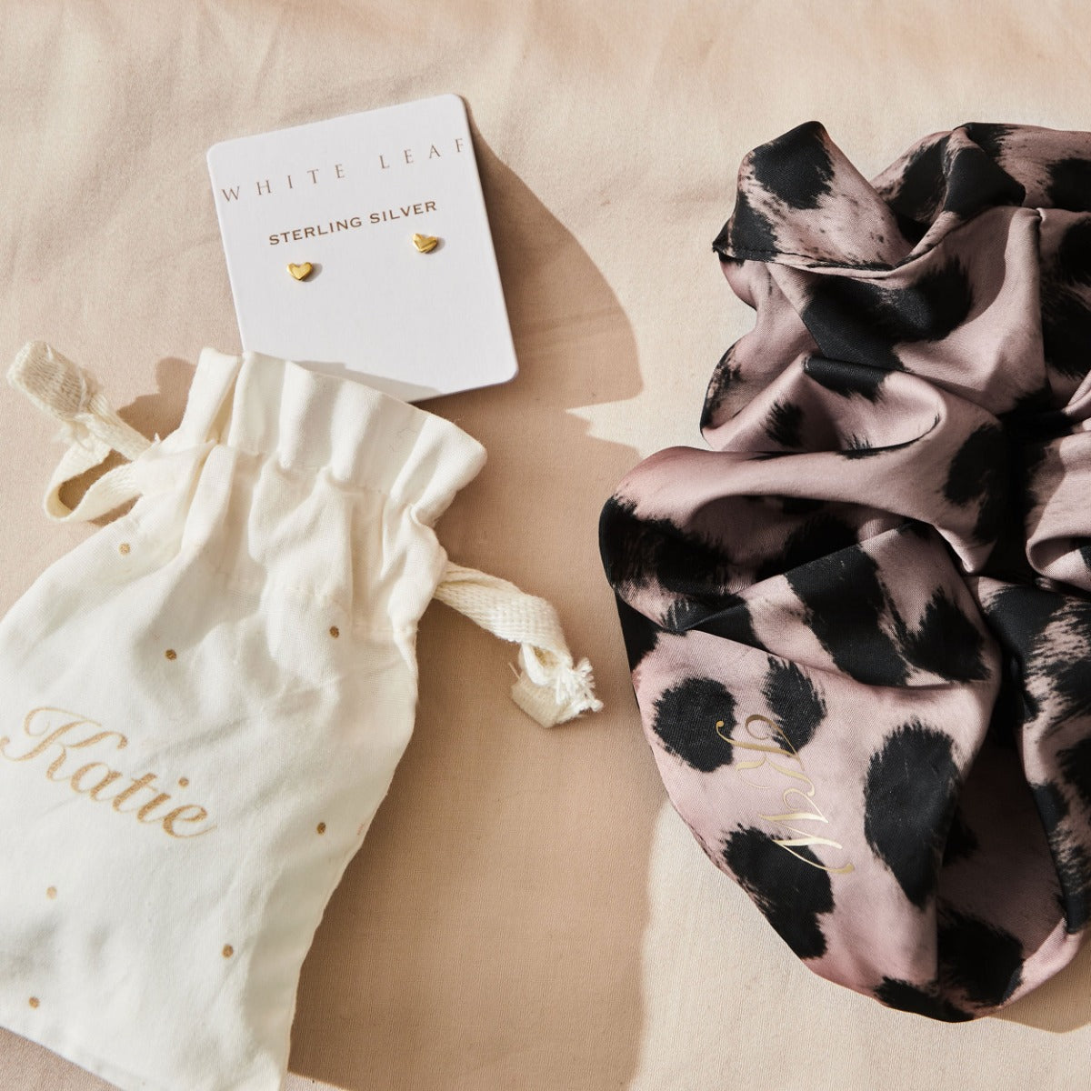 Personalised Leopard print Satin Scrunchie and Heart earring gift set