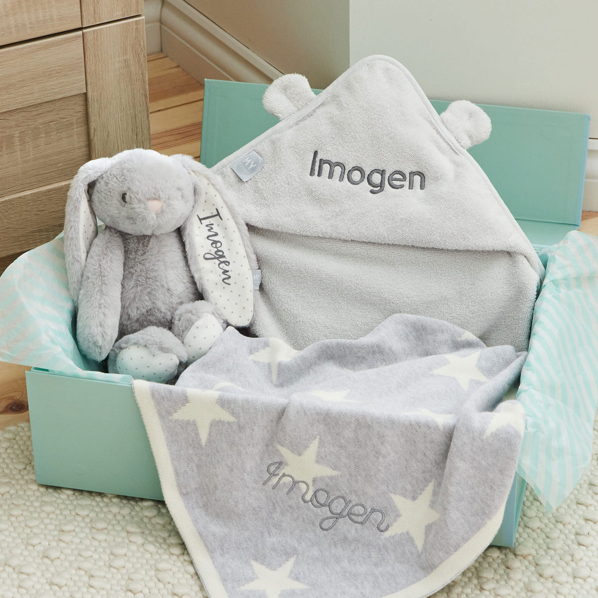 Personalised Grey New Baby Essentials Gift Set