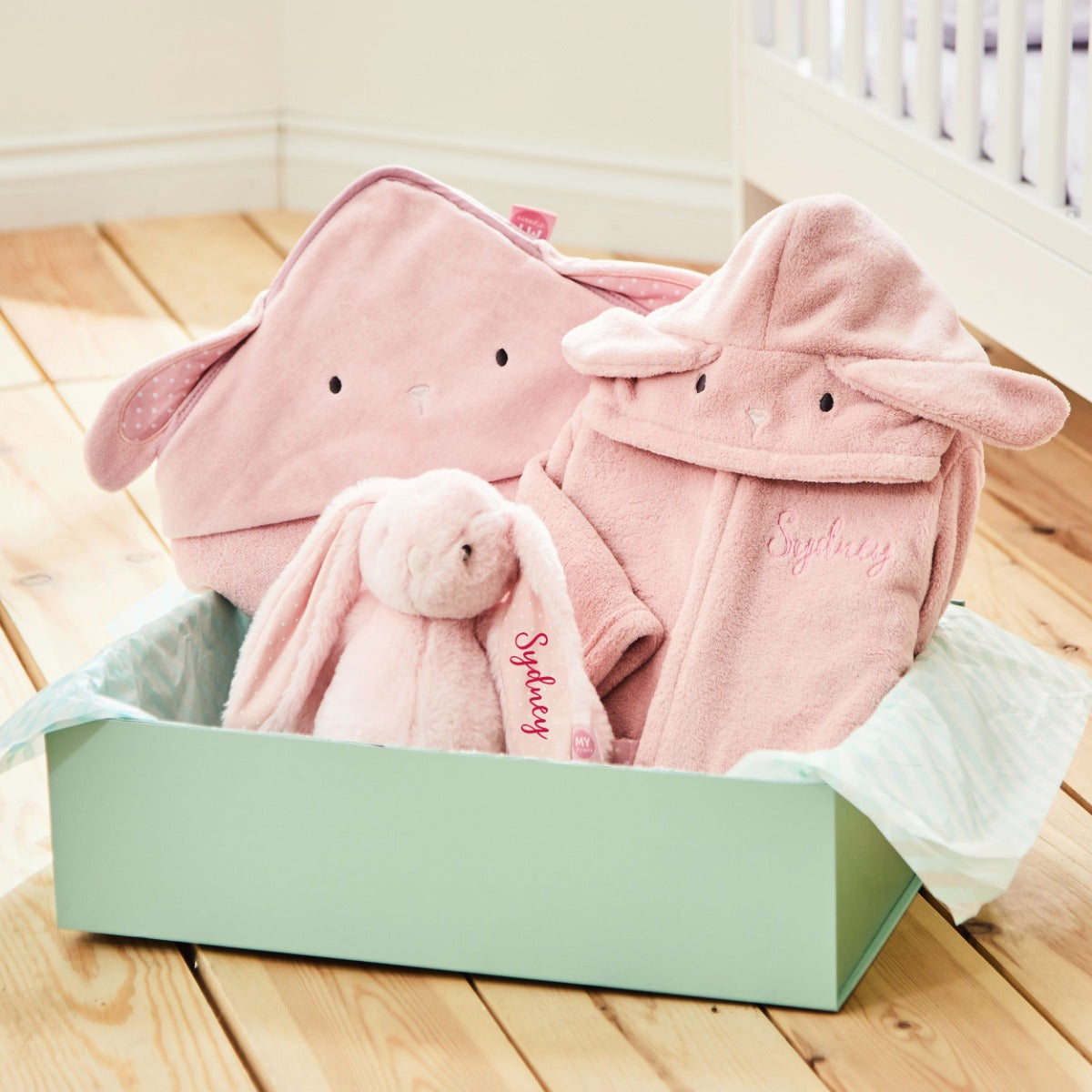 Personalised Pink Bunny Splash, Snuggle & Cuddle Gift Set 