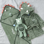 Personalised Green Dino Splash, Snuggle & Cuddle Gift Set