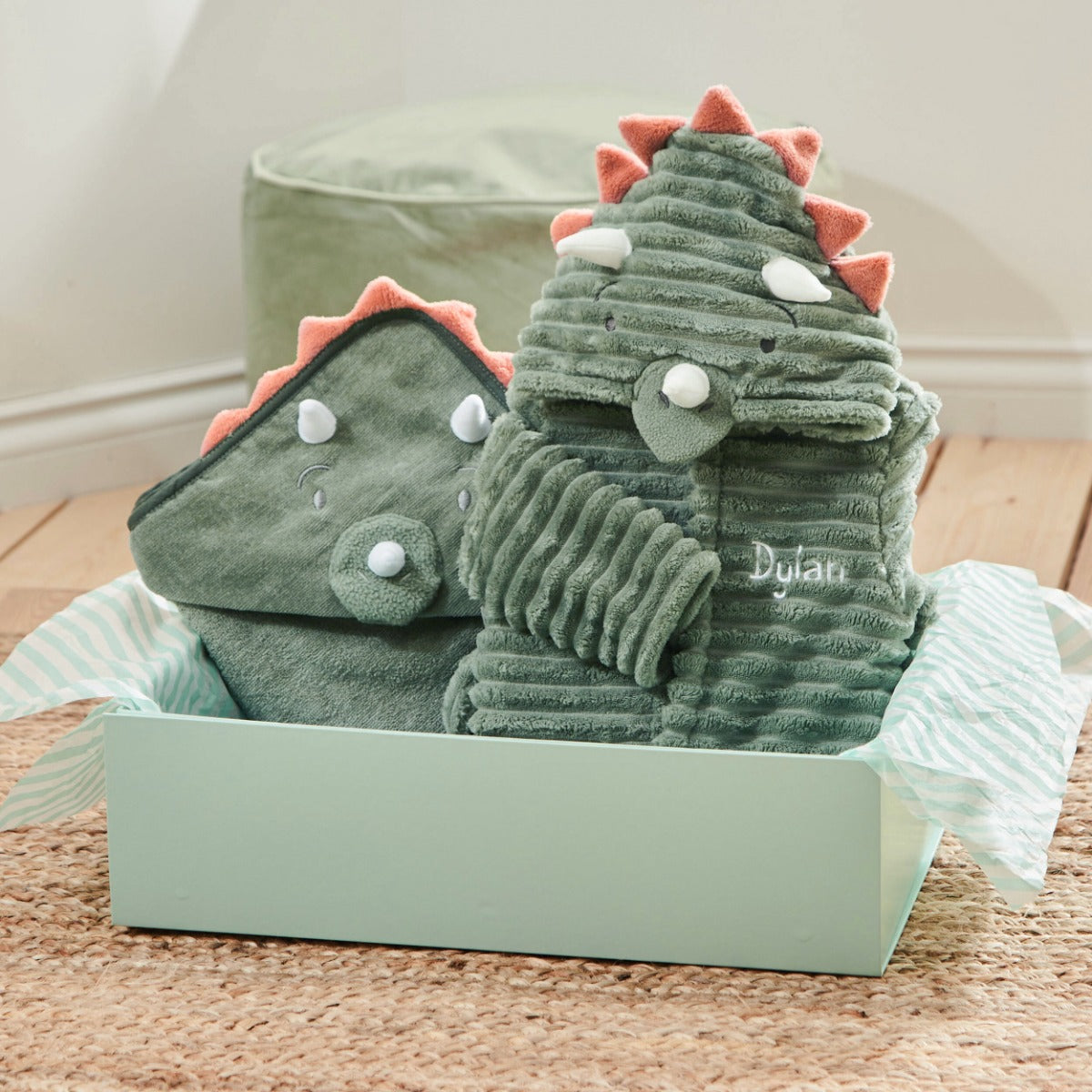 Personalised Green Dino Splash & Snuggle Gift Set 