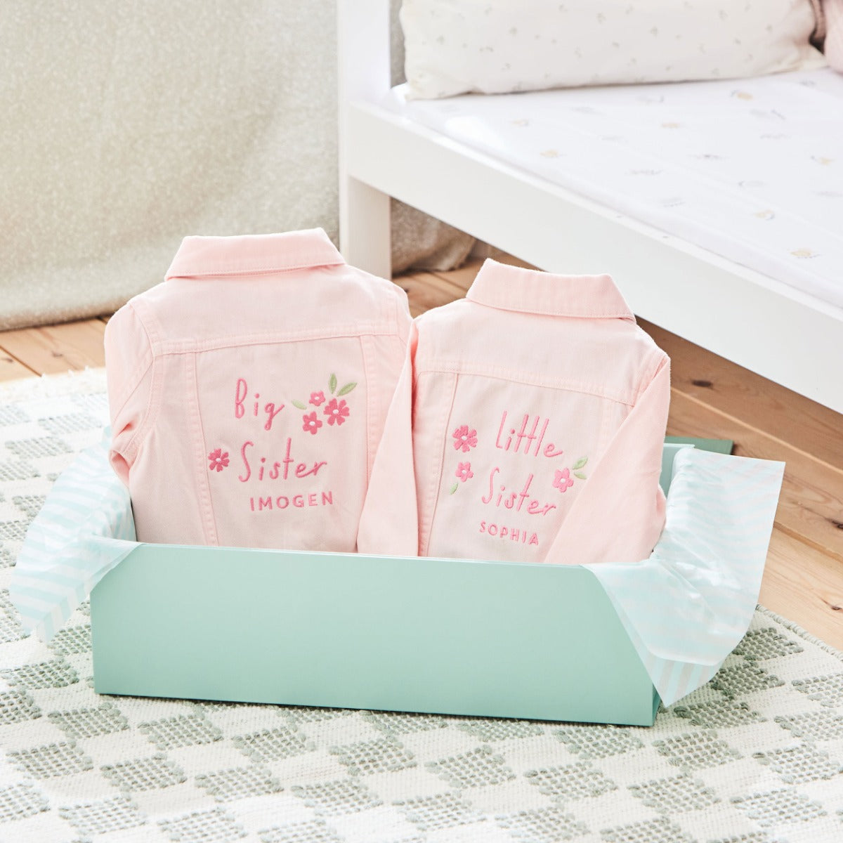 Personalised Big Sister & Little Sister Pink Denim Jacket Gift Set