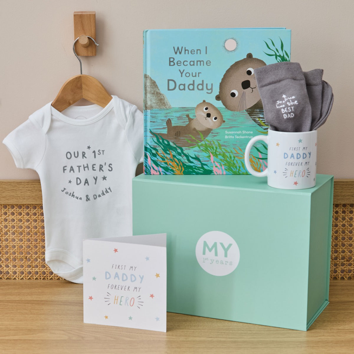 Personalised My Hero 1st Father's Day Bodysuit, Socks & Book Gift Set